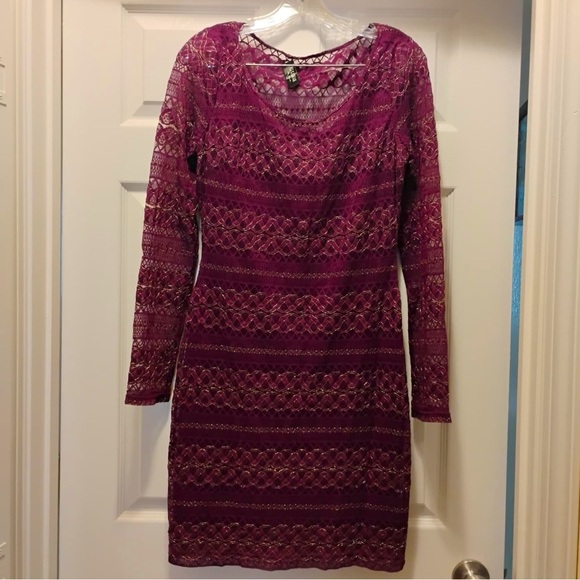 Guess Purple & Gold Lace Cocktail Dress Bodycon Shimmer Metallic Size L - Picture 1 of 6